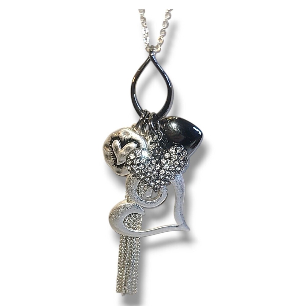 Silver Tone Heart Charm Trinket Pendant Necklace 32"-35" - Picture 5 of 8